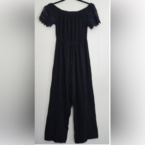 Hint of Blush Pants - Hint of Blush Black Off Shoulder Crochet Sleeve Wide Leg Jumpsuit - Size Large